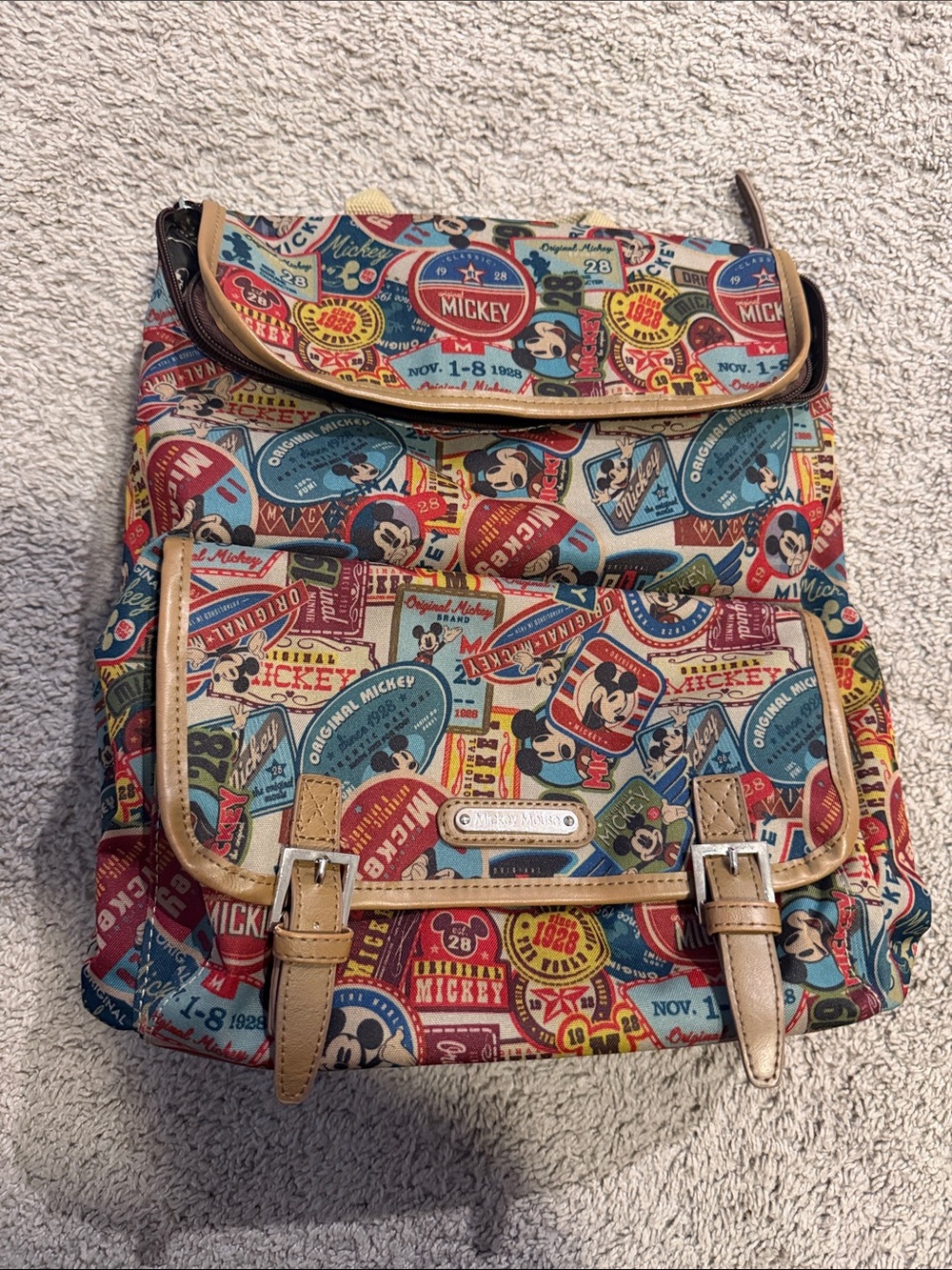 Vintage Multicolor Mickey Stamp Print Backpack
